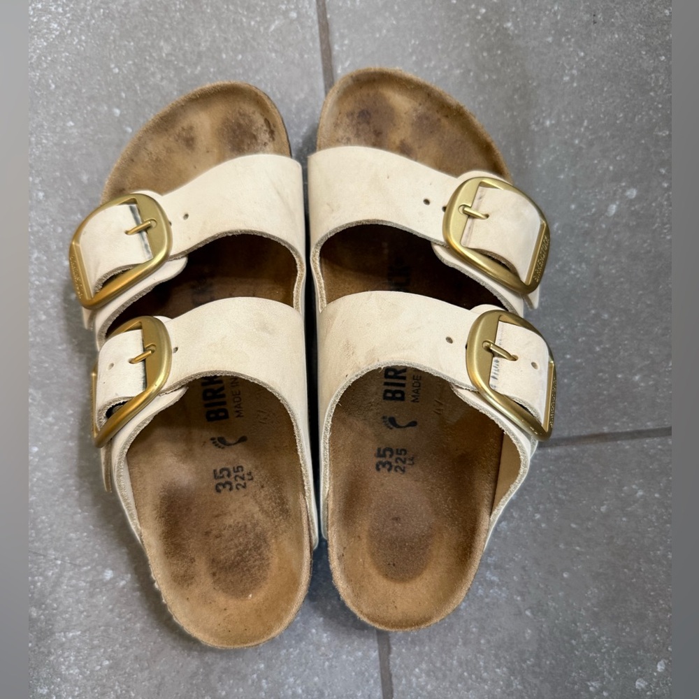Birkenstock Cream Sandals with Gold Buckles